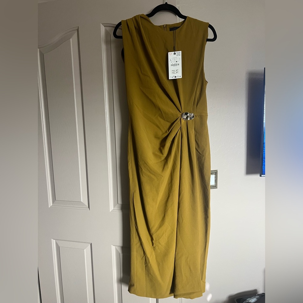 Zara Mustard Midi Dress with Jewel Accent